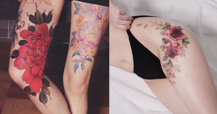 Tatuajes de flores en la pierna