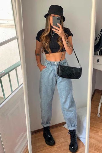 Outfits aesthetic con mom jeans - Con sombreros
